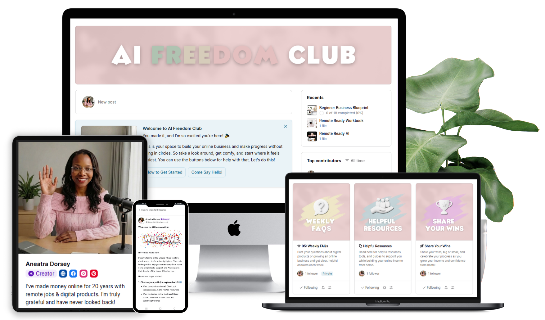 AI Freedom Club shown across desktop, laptop, tablet, and phone screens